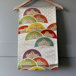 Vintage Japanese Fukuro Obi Silk Gold Brocade Multi Fan Kimono Sash‎ Belt 165x12